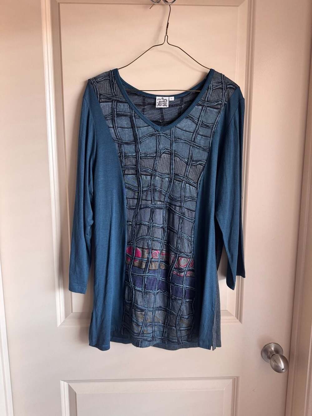 Parsley & Sage Women's Blue Patchwork Art-to-Wear Top, Size Large